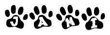 The image shows a series of animal paw prints arranged horizontally. Within each paw print, there's a letter; together they spell Jami