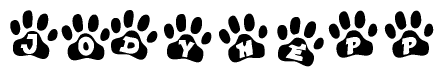 The image shows a row of animal paw prints, each containing a letter. The letters spell out the word Jodyhepp within the paw prints.