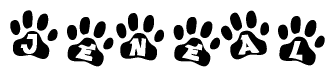The image shows a series of animal paw prints arranged in a horizontal line. Each paw print contains a letter, and together they spell out the word Jeneal.