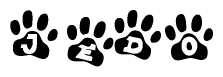 The image shows a series of animal paw prints arranged horizontally. Within each paw print, there's a letter; together they spell Jedo