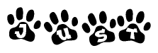 The image shows a row of animal paw prints, each containing a letter. The letters spell out the word Just within the paw prints.