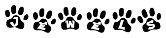 The image shows a row of animal paw prints, each containing a letter. The letters spell out the word Jewels within the paw prints.