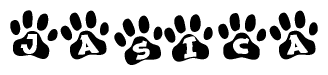 The image shows a row of animal paw prints, each containing a letter. The letters spell out the word Jasica within the paw prints.
