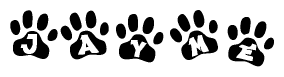 The image shows a series of animal paw prints arranged horizontally. Within each paw print, there's a letter; together they spell Jayme