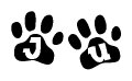 The image shows a series of animal paw prints arranged horizontally. Within each paw print, there's a letter; together they spell Ju