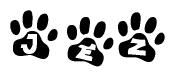 The image shows a series of animal paw prints arranged in a horizontal line. Each paw print contains a letter, and together they spell out the word Jez.