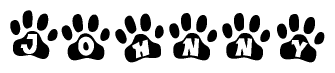 The image shows a series of animal paw prints arranged in a horizontal line. Each paw print contains a letter, and together they spell out the word Johnny.