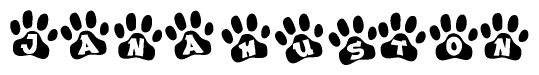 The image shows a series of animal paw prints arranged in a horizontal line. Each paw print contains a letter, and together they spell out the word Janahuston.