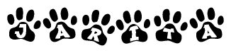 The image shows a row of animal paw prints, each containing a letter. The letters spell out the word Jarita within the paw prints.