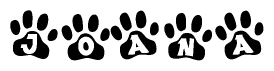 The image shows a series of animal paw prints arranged horizontally. Within each paw print, there's a letter; together they spell Joana