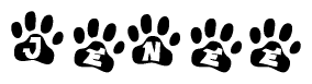 The image shows a series of animal paw prints arranged in a horizontal line. Each paw print contains a letter, and together they spell out the word Jenee.