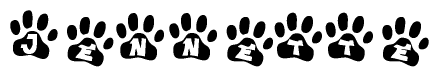 The image shows a series of animal paw prints arranged in a horizontal line. Each paw print contains a letter, and together they spell out the word Jennette.