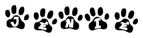The image shows a row of animal paw prints, each containing a letter. The letters spell out the word Jenie within the paw prints.