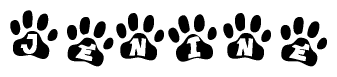 The image shows a series of animal paw prints arranged horizontally. Within each paw print, there's a letter; together they spell Jenine