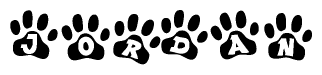 The image shows a row of animal paw prints, each containing a letter. The letters spell out the word Jordan within the paw prints.