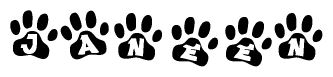 The image shows a series of animal paw prints arranged horizontally. Within each paw print, there's a letter; together they spell Janeen