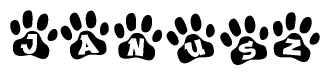 The image shows a row of animal paw prints, each containing a letter. The letters spell out the word Janusz within the paw prints.
