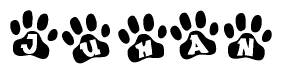 The image shows a series of animal paw prints arranged in a horizontal line. Each paw print contains a letter, and together they spell out the word Juhan.