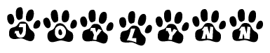 The image shows a row of animal paw prints, each containing a letter. The letters spell out the word Joylynn within the paw prints.