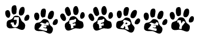 The image shows a series of animal paw prints arranged in a horizontal line. Each paw print contains a letter, and together they spell out the word Jeffrey.