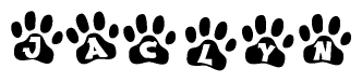 The image shows a series of animal paw prints arranged horizontally. Within each paw print, there's a letter; together they spell Jaclyn