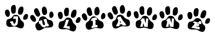 The image shows a series of animal paw prints arranged horizontally. Within each paw print, there's a letter; together they spell Julianne
