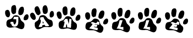 The image shows a row of animal paw prints, each containing a letter. The letters spell out the word Janelle within the paw prints.