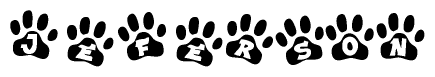 The image shows a series of animal paw prints arranged horizontally. Within each paw print, there's a letter; together they spell Jeferson