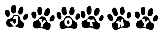 The image shows a series of animal paw prints arranged horizontally. Within each paw print, there's a letter; together they spell Jyothy