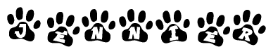 The image shows a series of animal paw prints arranged in a horizontal line. Each paw print contains a letter, and together they spell out the word Jennier.