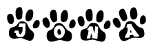 The image shows a row of animal paw prints, each containing a letter. The letters spell out the word Jona within the paw prints.