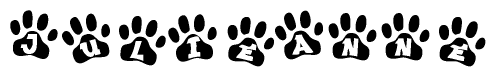 The image shows a series of animal paw prints arranged in a horizontal line. Each paw print contains a letter, and together they spell out the word Julieanne.
