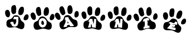 The image shows a series of animal paw prints arranged horizontally. Within each paw print, there's a letter; together they spell Joannie