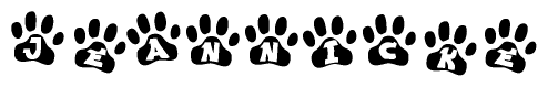 The image shows a series of animal paw prints arranged in a horizontal line. Each paw print contains a letter, and together they spell out the word Jeannicke.