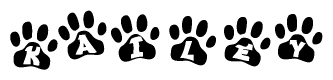 The image shows a row of animal paw prints, each containing a letter. The letters spell out the word Kailey within the paw prints.