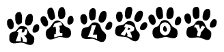 The image shows a series of animal paw prints arranged horizontally. Within each paw print, there's a letter; together they spell Kilroy