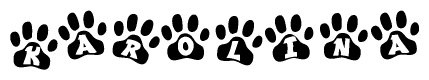 The image shows a series of animal paw prints arranged horizontally. Within each paw print, there's a letter; together they spell Karolina