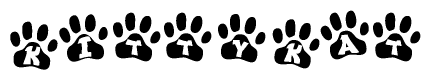The image shows a row of animal paw prints, each containing a letter. The letters spell out the word Kittykat within the paw prints.