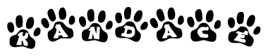 The image shows a row of animal paw prints, each containing a letter. The letters spell out the word Kandace within the paw prints.