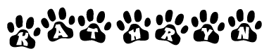 The image shows a series of animal paw prints arranged horizontally. Within each paw print, there's a letter; together they spell Kathryn