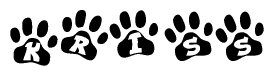 The image shows a series of animal paw prints arranged in a horizontal line. Each paw print contains a letter, and together they spell out the word Kriss.