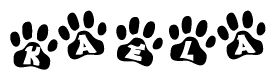 The image shows a series of animal paw prints arranged in a horizontal line. Each paw print contains a letter, and together they spell out the word Kaela.