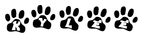 The image shows a series of animal paw prints arranged horizontally. Within each paw print, there's a letter; together they spell Kylee