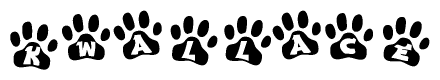 The image shows a series of animal paw prints arranged in a horizontal line. Each paw print contains a letter, and together they spell out the word Kwallace.