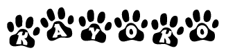 The image shows a series of animal paw prints arranged horizontally. Within each paw print, there's a letter; together they spell Kayoko