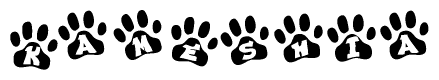The image shows a series of animal paw prints arranged in a horizontal line. Each paw print contains a letter, and together they spell out the word Kameshia.