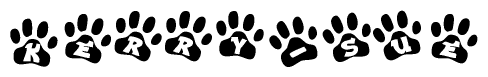 The image shows a series of animal paw prints arranged in a horizontal line. Each paw print contains a letter, and together they spell out the word Kerry-sue.