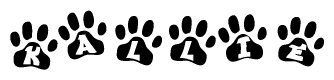 The image shows a series of animal paw prints arranged in a horizontal line. Each paw print contains a letter, and together they spell out the word Kallie.