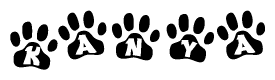 The image shows a series of animal paw prints arranged in a horizontal line. Each paw print contains a letter, and together they spell out the word Kanya.