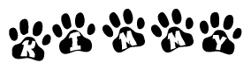 The image shows a series of animal paw prints arranged horizontally. Within each paw print, there's a letter; together they spell Kimmy